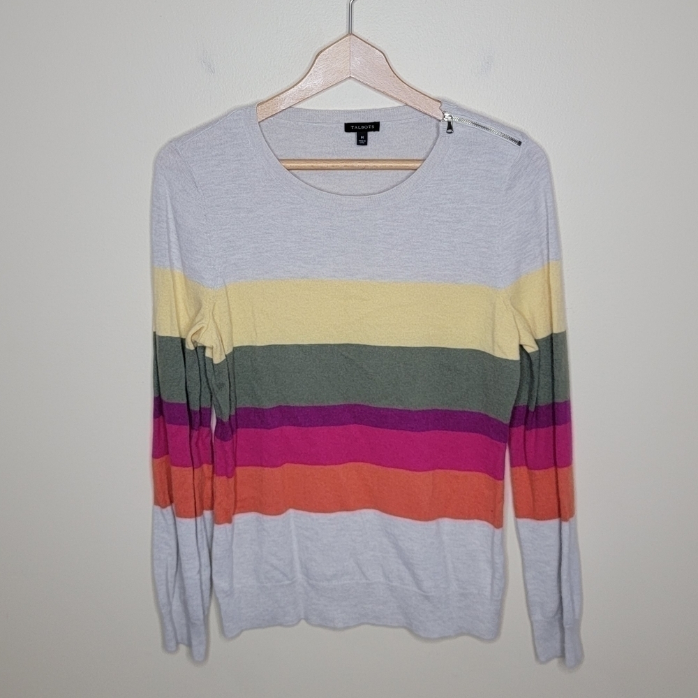 Talbots Colorful Striped Sweater with Zipper Detail on Shoulder Size Medium